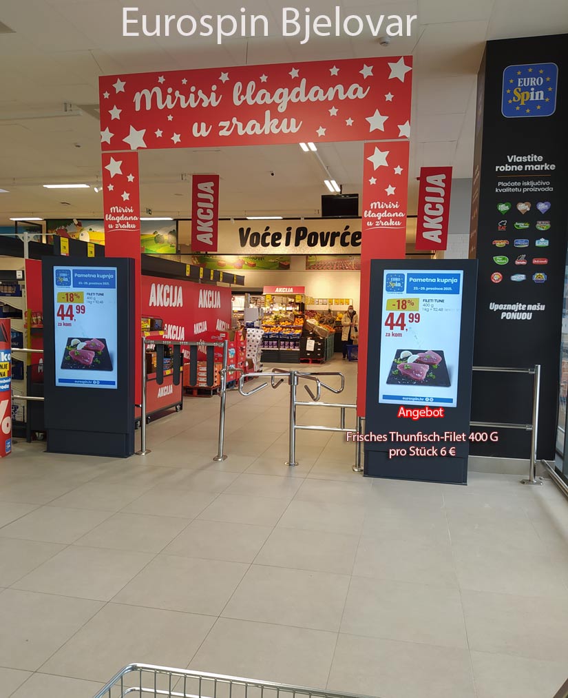 Eingang Eurospin Bjelovar Weihnachtszeit 2021